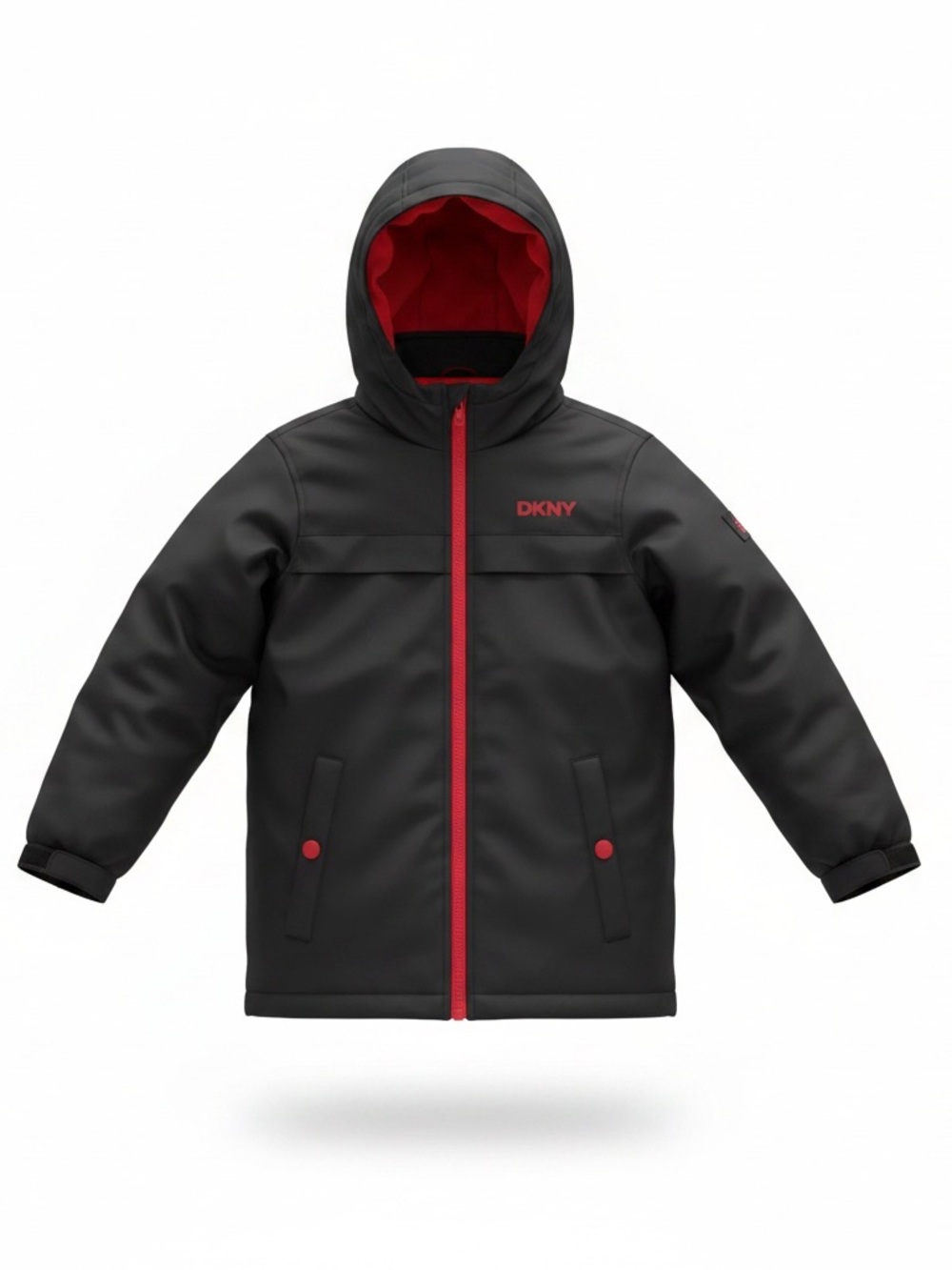 DKNY Black Kids Hooded Puffer Jacket with Red Trim
